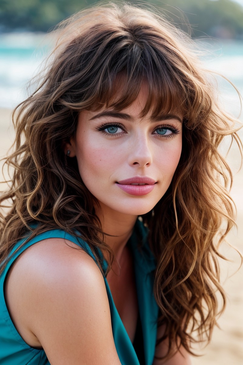 photo of beautiful (klebr0ck-140:0.99), a woman in a (beach:1.1), perfect hair, 80s curly hairstyle, wearing (workwear:1.2...
